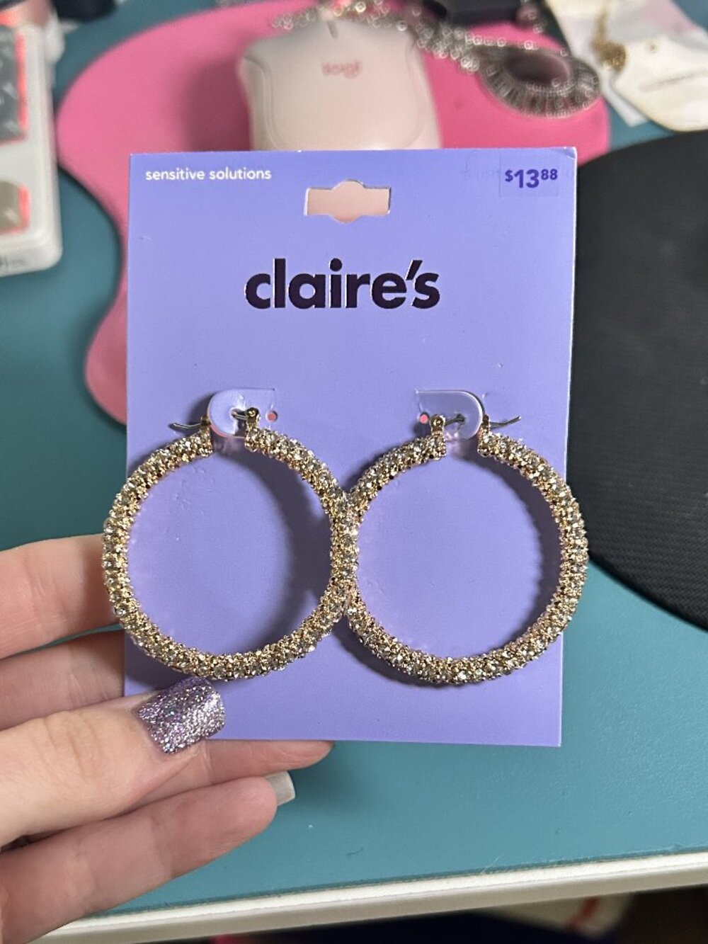 Claire’s Sensitive Solutions Gold Sparkle Hoop Earrings NWT